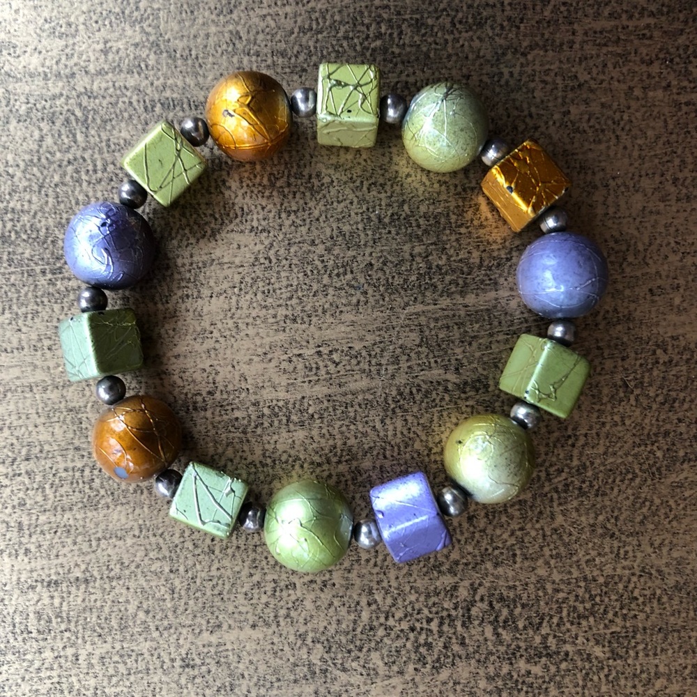 Iridescent beaded bracelet in lavender, sage green, and orange - Picture 2 of 5